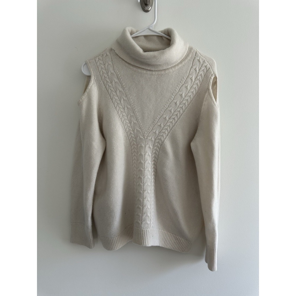 Magaschoni 100% Cashmere Cut Out Shoulder Turtleneck Sweater Cream XL